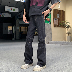 2025高街水洗拼接设计牛仔裤男女同款宽松微喇长裤G98930-P65图片