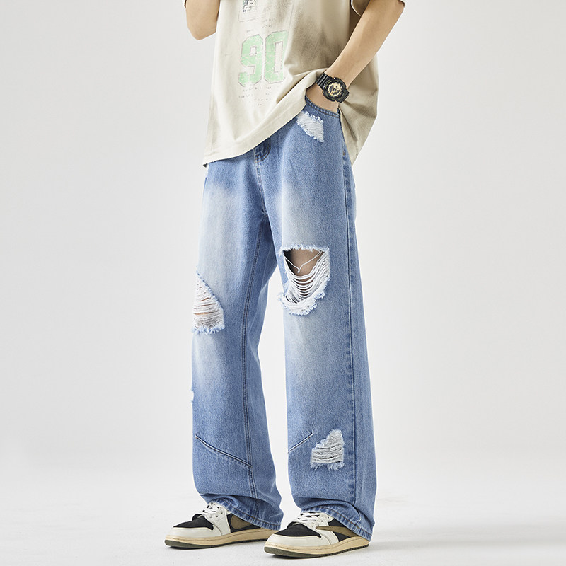2025春夏美式街头破洞乞丐裤男手工磨破宽松直筒牛仔裤G9092-P58图片