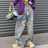 高级感花卉印花牛仔裤男女小众街头痞帅宽松直筒阔腿裤G2059-P58，男装牛仔裤，星座814-1（原电商B253-1）