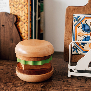 半宅实木汉堡杯垫可爱磁吸积木摆件分层杯垫组合木质咖啡水杯垫子