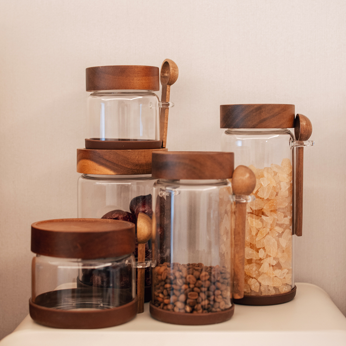 咖啡豆密封罐带木勺实木盖储物罐