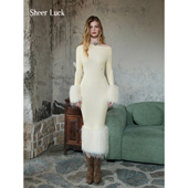 Plume复古露肩针织环保皮草拼接连衣裙修身 Sheer Luck 包臀长裙