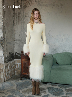 Sheer Luck Plume复古露肩针织环保皮草拼接连衣裙修身包臀长裙