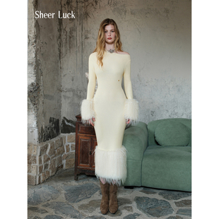 包臀长裙 Plume复古露肩针织环保皮草拼接连衣裙修身 Sheer Luck