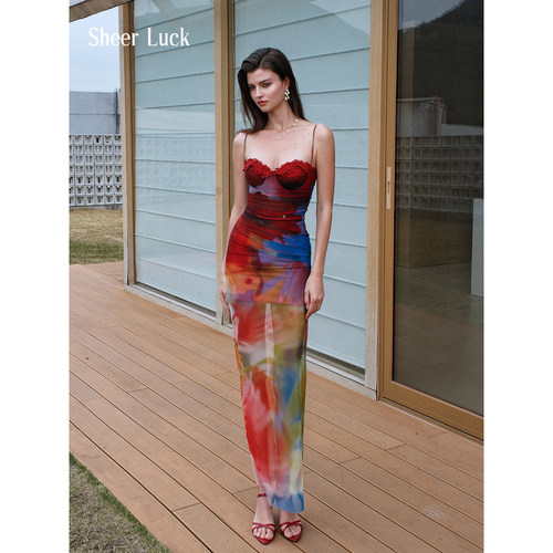 度假风网纱鱼骨修身连衣裙长裙