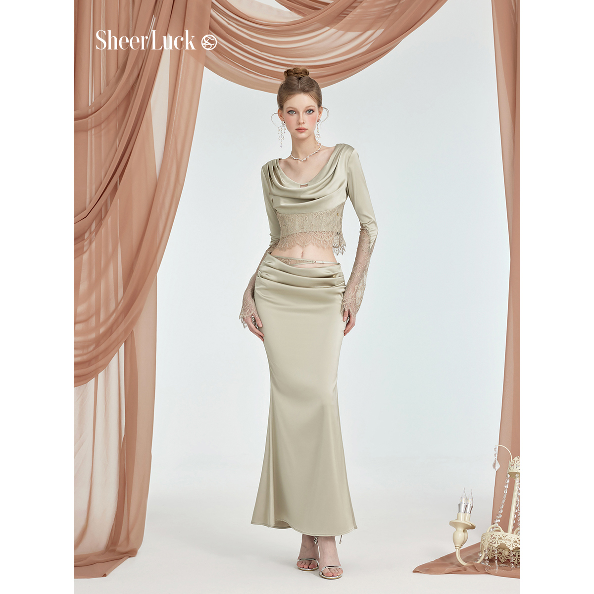 Sheer Luck Lyra 蕾丝拼接露背上衣夏季新款鱼尾半身长裙两件套女