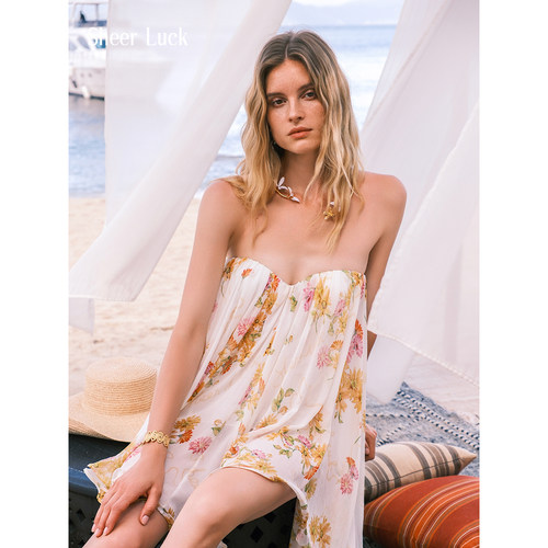 网纱雪纺抹胸露背拖尾飘带短裙