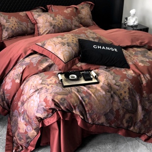 床上用品床单被套 印花全棉高端四件套美式 复古数码 高级感裸睡欧式
