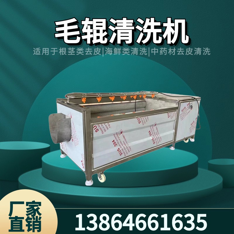 胡萝卜贝类去泥沙清洗机平行毛辊去杂清洗机猕猴桃毛辊清洗流水线