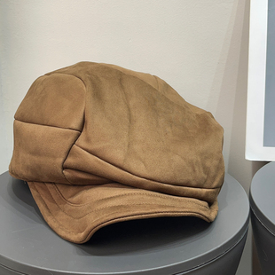 大头围复古鹿皮绒褶皱贝雷帽女秋时尚 百搭阔挺显脸小八角画家帽子