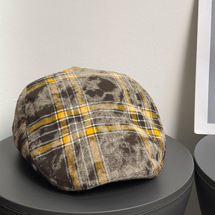 美式 复古废土格纹鸭舌前进帽女秋冬做旧磨毛显脸小文艺贝雷帽子潮