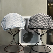 日系棋盘格牛仔前进帽女百搭休闲复古大头围贝雷帽显脸小报童帽子