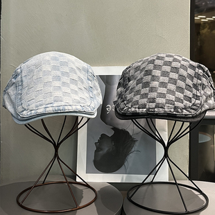 日系棋盘格牛仔前进帽女百搭休闲复古大头围贝雷帽显脸小报童帽子