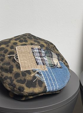 美式复古豹纹鸭舌前进帽女千禧辣妹补丁画家报童帽子显脸小贝雷帽