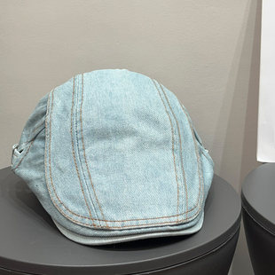 日系复古水洗牛仔前进帽女春夏季 百搭显脸小贝雷帽子做旧画家帽潮