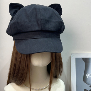日系复古猫耳朵阔挺全棉八角帽女秋百搭显脸小贝雷帽休闲可爱帽子