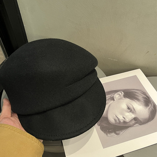fever同款 潮 黑色纯羊毛贝雷帽女韩系百搭硬挺显脸小画家帽子法式