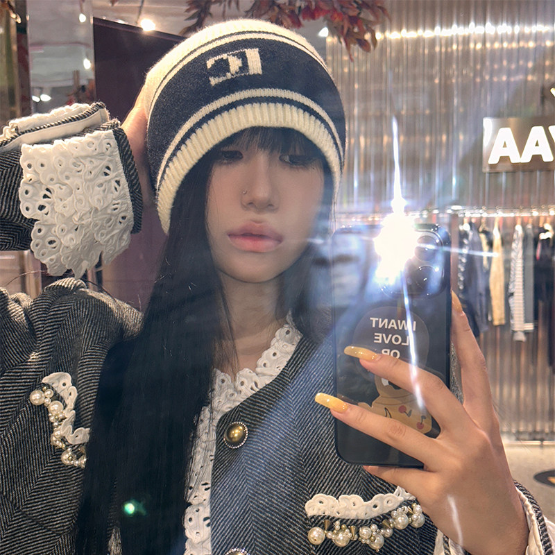 MONA同款针织帽韩版字母条纹百搭