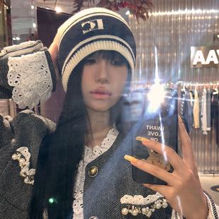 韩版 针织帽女保暖百搭冷帽字母条纹护耳毛线帽子 ins秋冬MONA同款