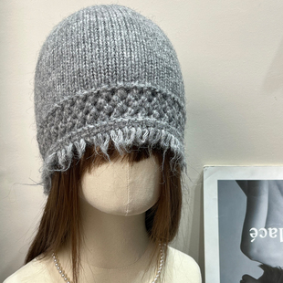 韩系复古毛绒流苏针织帽女秋冬川西百搭显脸小保暖护耳毛线帽子潮