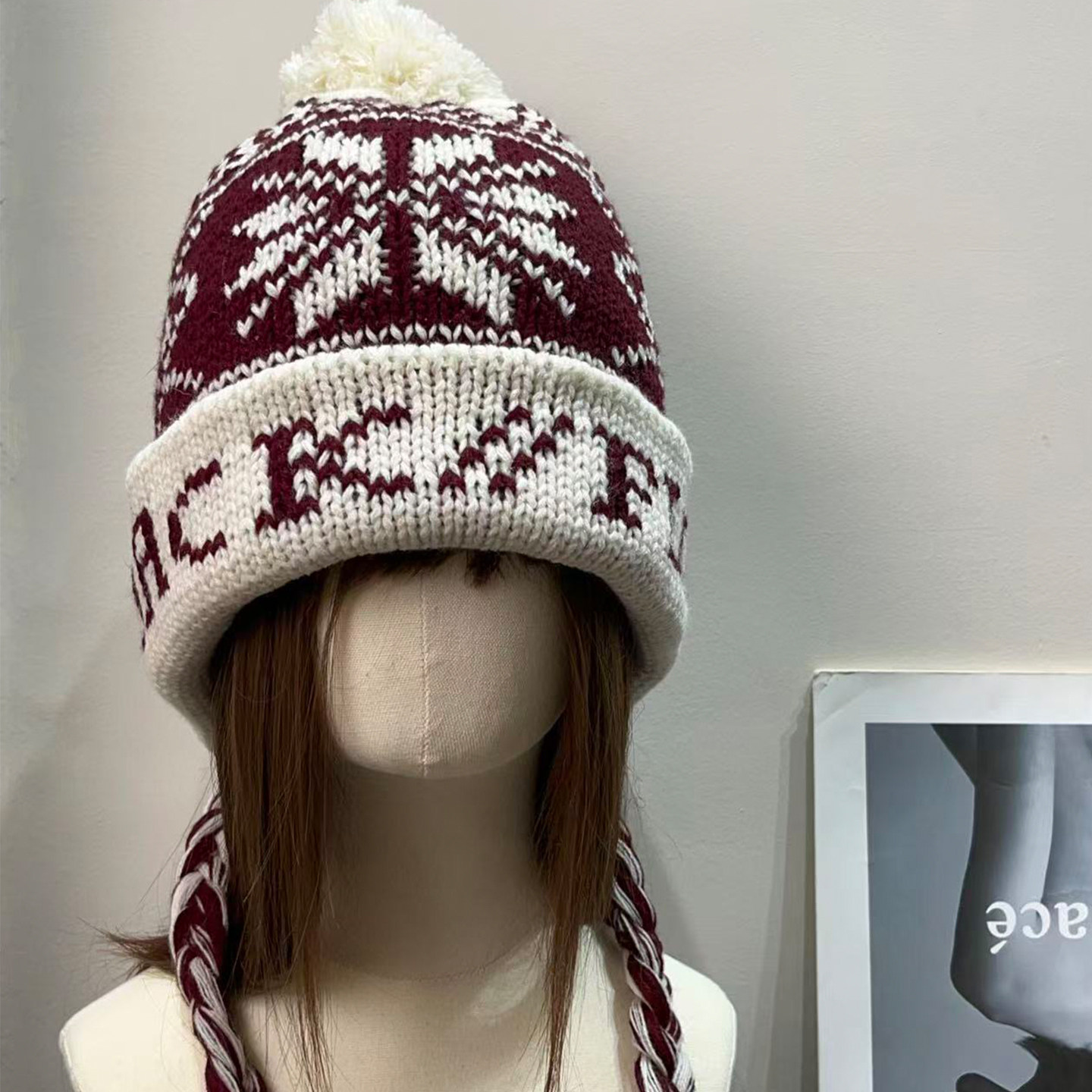 复古费尔岛风提花毛线帽女秋冬保暖百搭显脸小针织帽护耳针织帽子