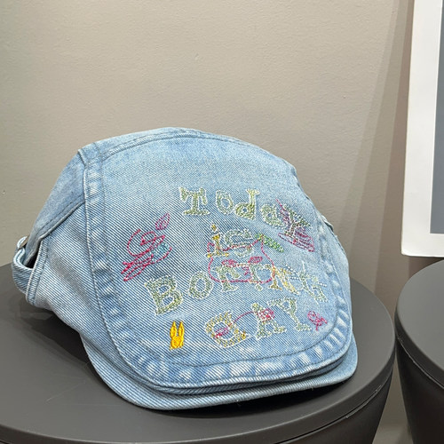 丹宁风日系复古y2k小猫刺绣牛仔前进帽女春夏做旧显脸小贝雷帽子