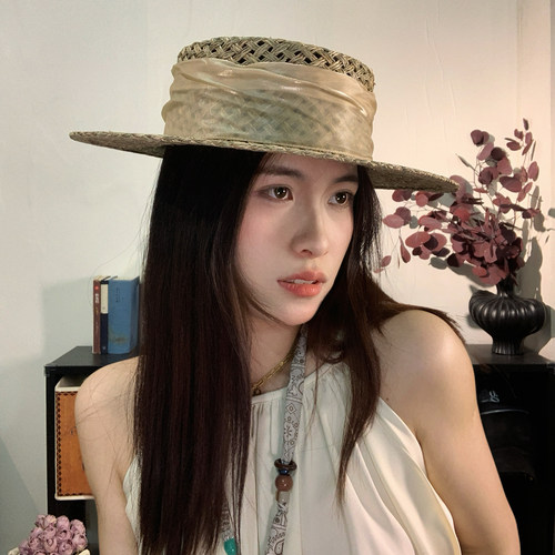 复古法式老钱风镂空平顶咸草帽女夏季海边防晒遮阳沙滩度假风礼帽