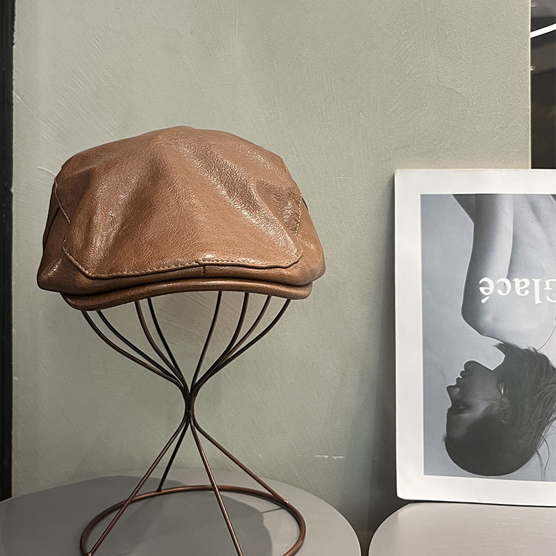 日系PU皮质古着前进帽女复古ins韩版英伦反戴贝雷帽文艺报童帽子