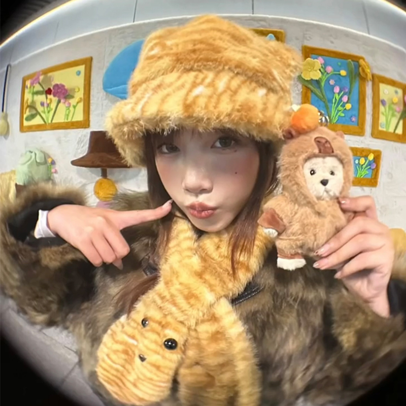 豹纹小老虎渔夫帽女秋冬季保暖潮