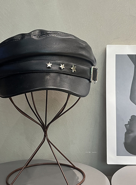 日系复古黑色皮质贝雷帽女秋冬百搭平顶海军帽子文艺显脸小八角帽