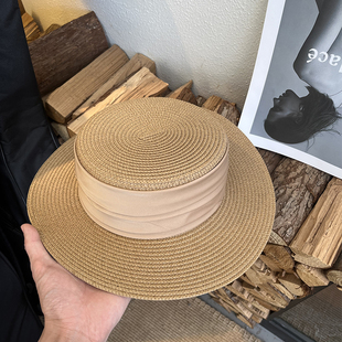 高级感法式 草帽女夏度假海边遮阳帽子沙滩帽网红防晒英伦平顶帽潮