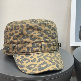 复古豹纹朋克铆钉平顶帽女秋百搭显脸小贝雷帽时髦辣妹工装 帽子潮