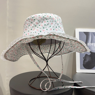 防晒大帽檐日系小清新碎花绑带渔夫帽女春夏显脸小盆帽遮阳帽子女