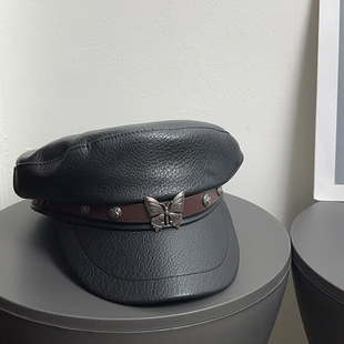 千禧辣妹蝴蝶铁标皮带海军贝雷帽女2024秋冬新款 皮质英伦八角帽子