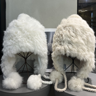 冬季 兔毛毛绒雷锋帽女保暖加绒可爱毛茸茸针织帽子防风护耳毛线帽