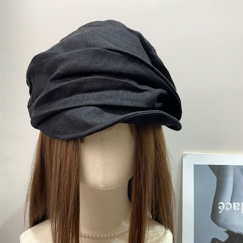 日系复古棉麻透气贝雷帽女春夏遮阳褶皱钢丝显脸小文艺画家帽子潮