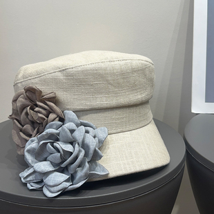 自制花朵日系复古亚麻遮阳报童帽女春夏天小众透气平顶贝雷帽子潮