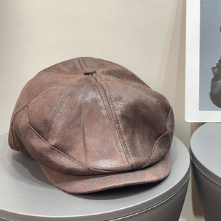 日系复古油蜡皮鸭舌前进帽女秋冬迪木尔风百搭做旧显脸小报童帽子