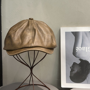 复古棕色PU皮鸭舌前进帽女秋冬百搭美拉德显脸小贝雷帽子报童帽男