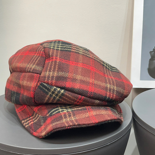 日系复古毛呢红格褶皱贝雷帽女秋冬时尚 英伦百搭画家帽显脸小帽子