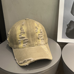 复古做旧破洞磨边棒球帽男女ins韩版 百搭防晒情侣大头围鸭舌帽子