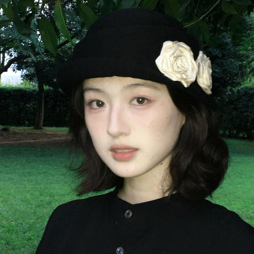 法式复古山茶花卷边渔夫帽女夏遮阳透气百搭春秋显脸小礼帽盆帽子