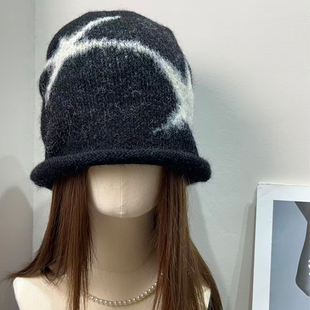 韩系复古辣妹马海毛星星针织毛线帽女秋冬保暖显脸小护耳堆堆帽子
