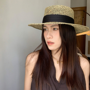 复古老钱风咸草平顶遮阳帽女夏季遮阳海边度假风平檐帽防晒显脸小