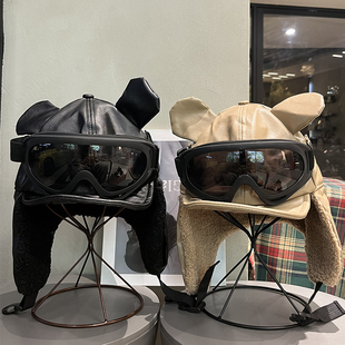 PU皮质小熊耳朵雷锋帽女秋冬可爱保暖骑行护耳带眼镜飞行帽子男潮