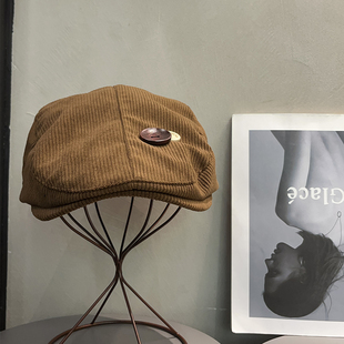 日系大头围秋冬保暖前进帽女棕色百搭纽扣画家帽子显脸小贝雷帽潮