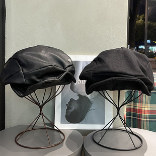 日系大头围褶皱PU皮质贝雷帽女秋冬复古画家帽保暖显脸小云朵帽子