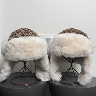 韩版 复古麂皮豹纹毛绒雷锋帽女秋冬保暖辣妹风护脸护耳飞行帽子男