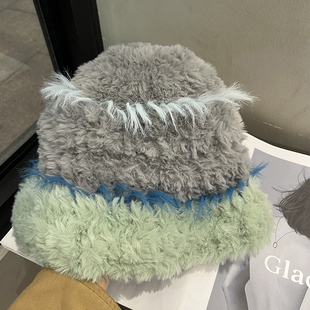 秋冬新款 彩色毛绒渔夫帽子女加厚保暖宽松针织帽护耳可爱毛线帽潮