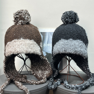 大头围复古费尔岛毛线针织护耳帽女秋冬保暖护脸显脸小雷锋帽子潮